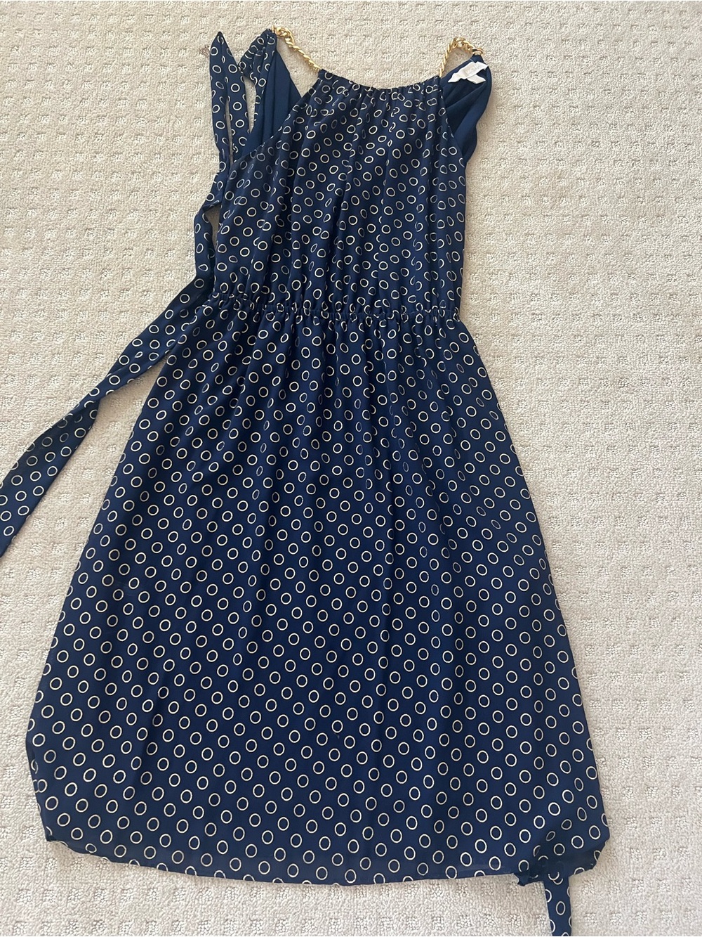 Michael Kors Navy Circle-Print Midi Dress with Gold Chain Straps
